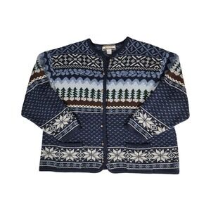 Kobe Woman Fair Isle Tree Snowflake Cardigan Sweater 2X Navy Blue Button